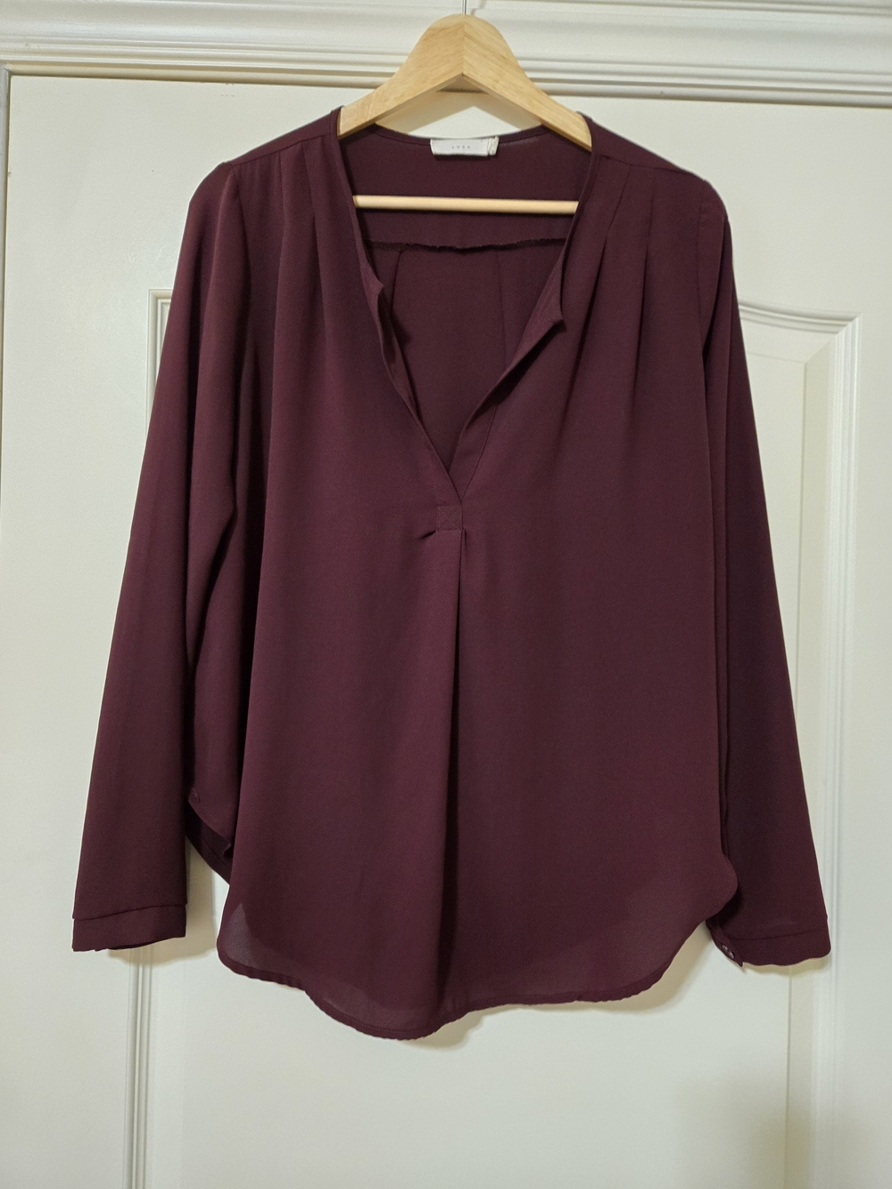 Lush Deep Plum Split-Neck Long Sleeve Sheer Flowy Blouse